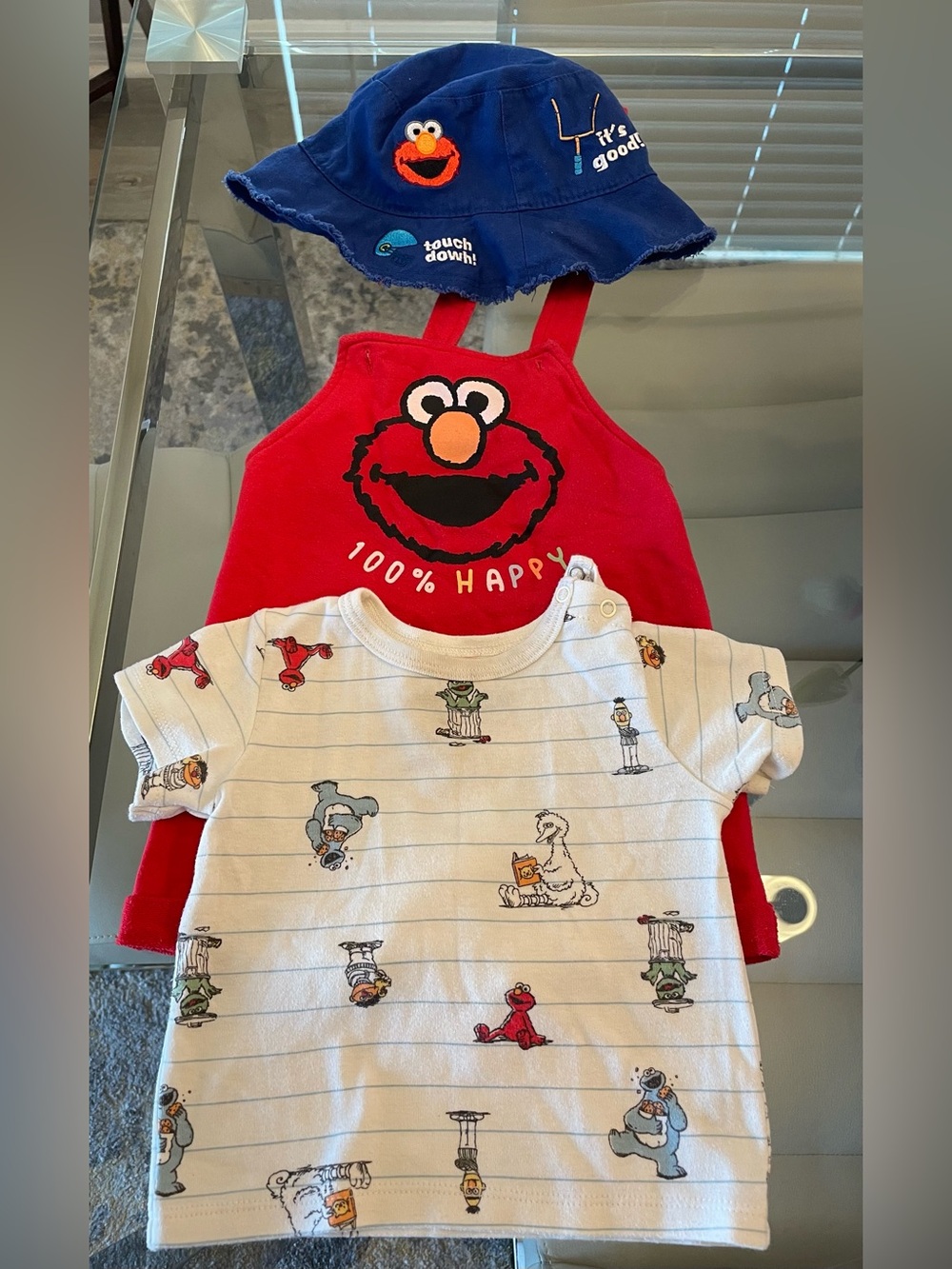 Super Cute! Sesame Street Red Elmo Overall Romper with Blue Bucket Hat 6-9M